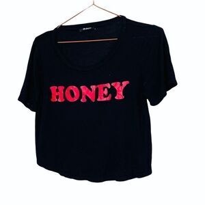 EUC Y2K LF Black Graphic Honey Crop Top Small